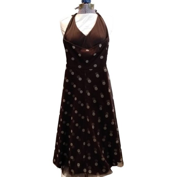 Eliza J Vintage Brown/White Polka Dot Flowy Halter Dress, size 6 - Picture 2 of 6